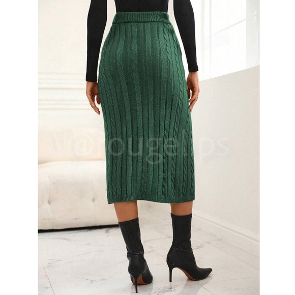 Faux Wrap Green Knit Midi Skirt with a Leg Slit - Picture 4 of 7